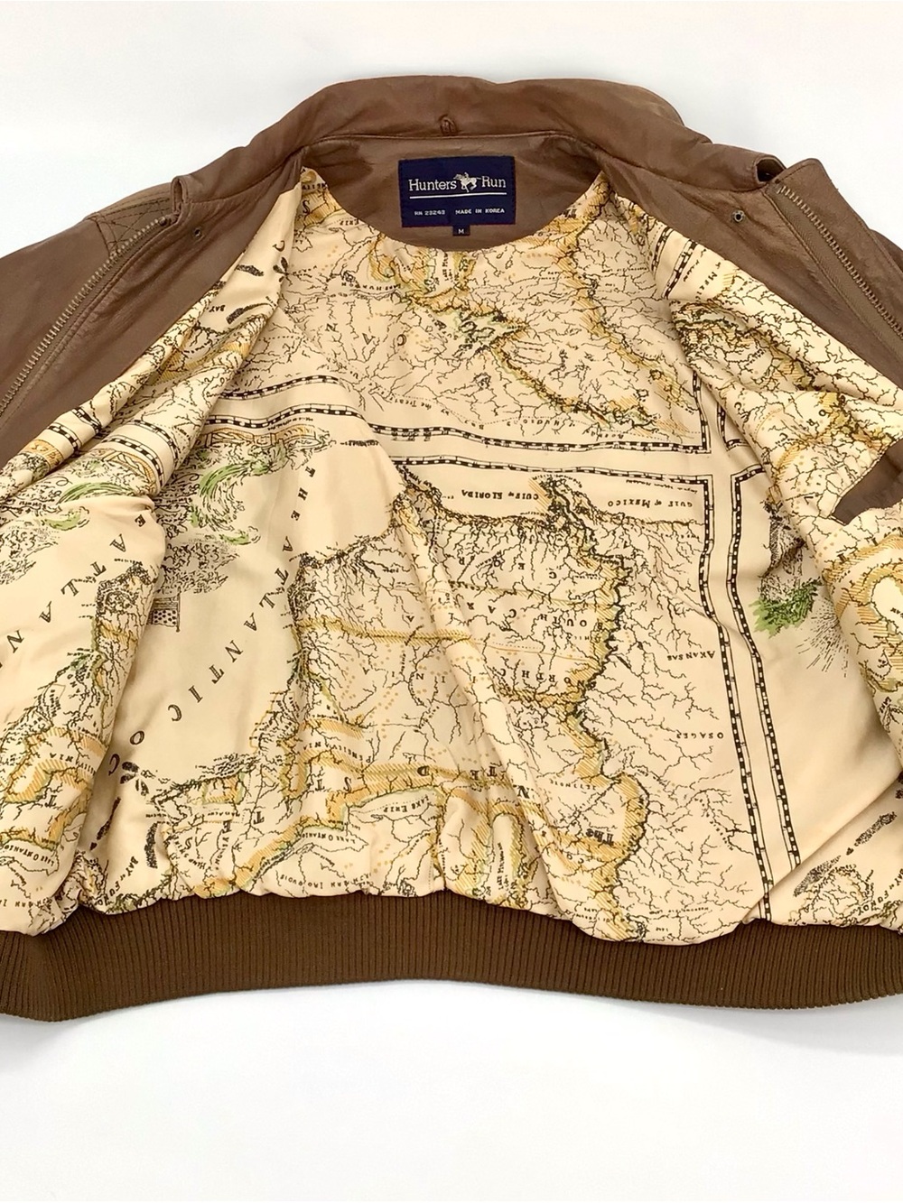 Hunters Vintage Run Bomber Jacket Mens Brown Leather Map Lining Full Zip Medium - Picture 6 of 16